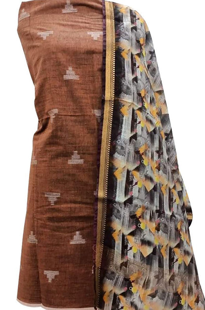 Brown Bhagalpur Linen Two Piece Unstitched Suit Set With Digital Printed Dupatta