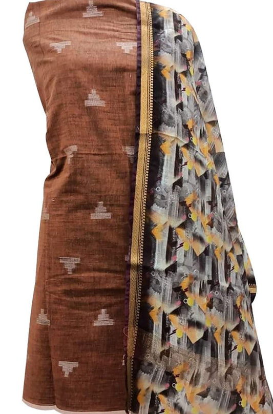 Brown Bhagalpur Linen Two Piece Unstitched Suit Set With Digital Printed Dupatta - Luxurion World
