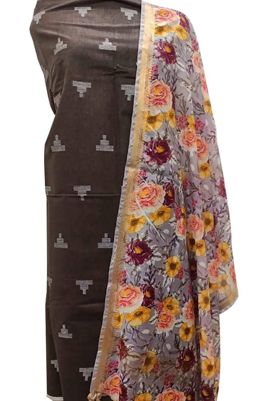 Brown Bhagalpur Linen Two Piece Unstitched Suit Set With Digital Printed Dupatta - Luxurion World