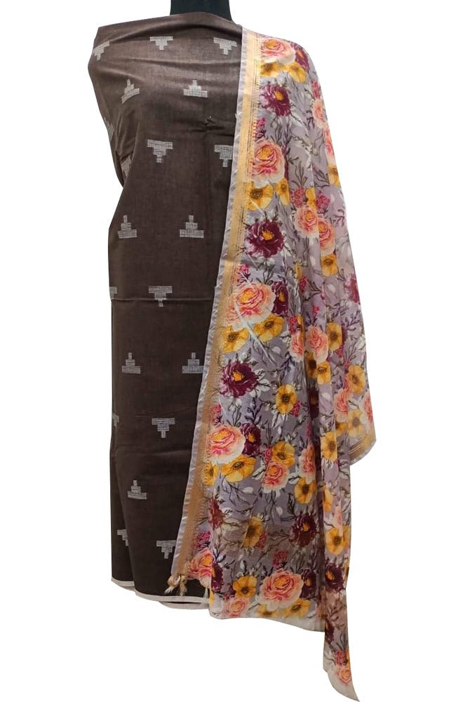 Brown Bhagalpur Linen Two Piece Unstitched Suit Set With Digital Printed Dupatta