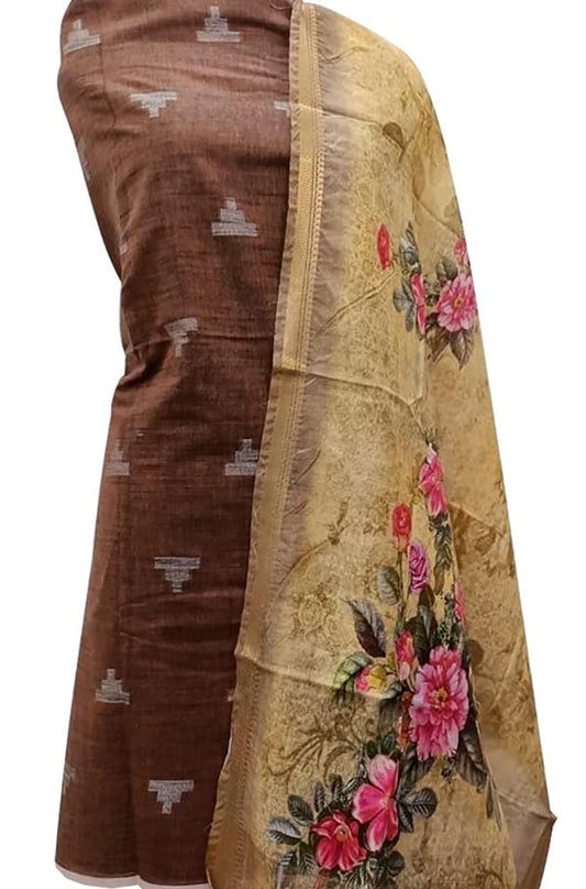 Brown Bhagalpur Linen Two Piece Unstitched Suit Set With Digital Printed Dupatta - Luxurion World