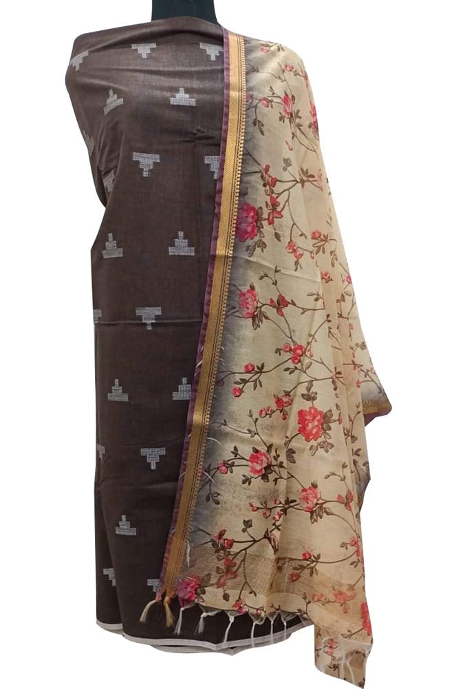 Brown Bhagalpur Linen Two Piece Unstitched Suit Set With Digital Printed Dupatta - Luxurion World
