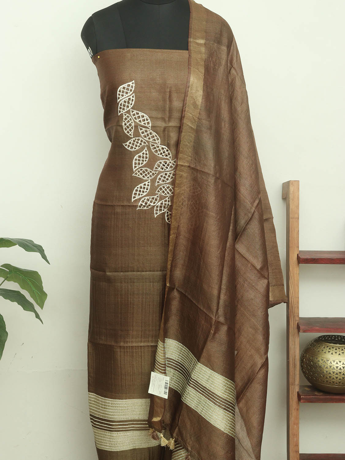 Brown Bhagalpur Pure Tussar Silk Unstitched Suit Set - Luxurion World
