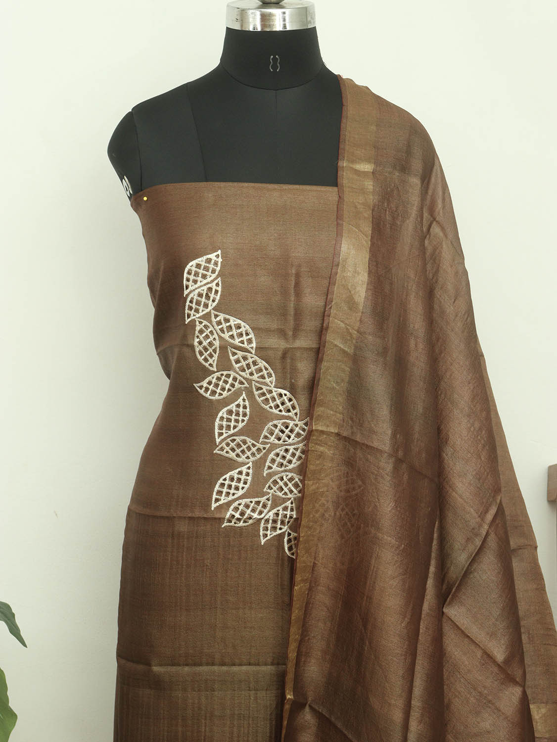 Brown Bhagalpur Pure Tussar Silk Unstitched Suit Set