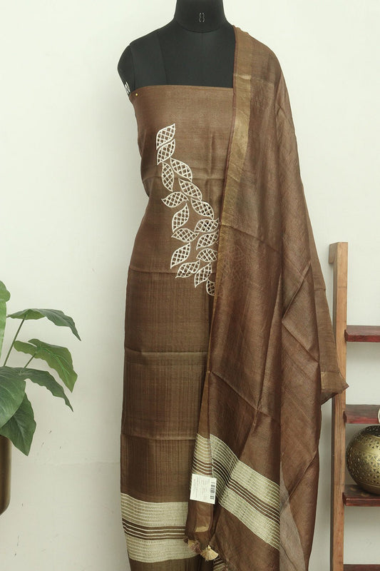 Brown Bhagalpur Pure Tussar Silk Unstitched Suit Set - Luxurion World