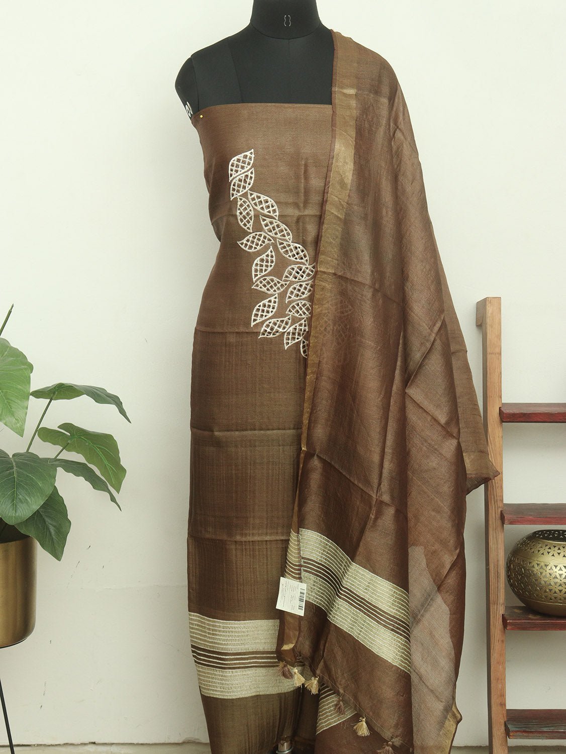 Brown Bhagalpur Pure Tussar Silk Unstitched Suit Set - Luxurion World