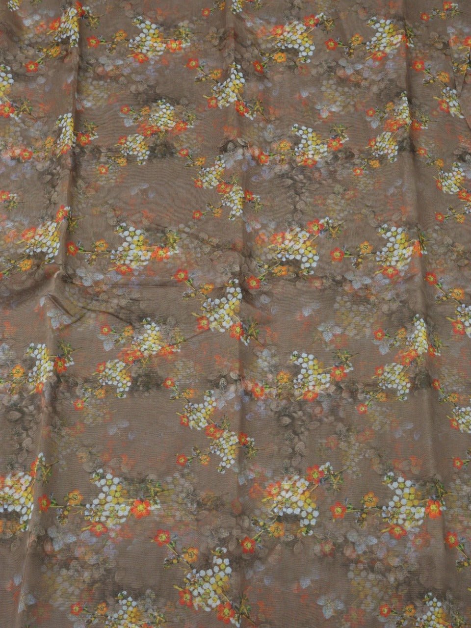Brown Digital Printed Organza Silk Floral Design Fabric ( 1 Mtr ) - Luxurion World