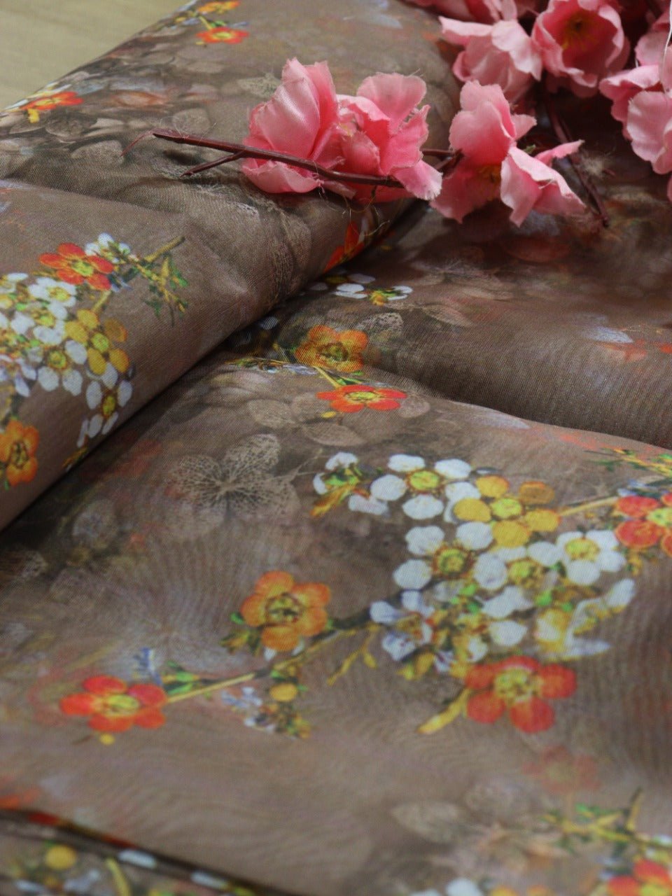 Brown Digital Printed Organza Silk Floral Design Fabric ( 1 Mtr )