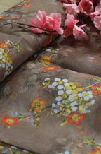 Brown Digital Printed Organza Silk Floral Design Fabric ( 1 Mtr ) - Luxurion World