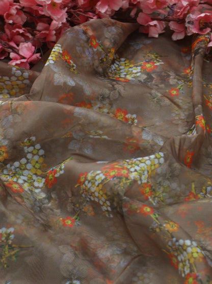 Brown Digital Printed Organza Silk Floral Design Fabric ( 1 Mtr ) - Luxurion World
