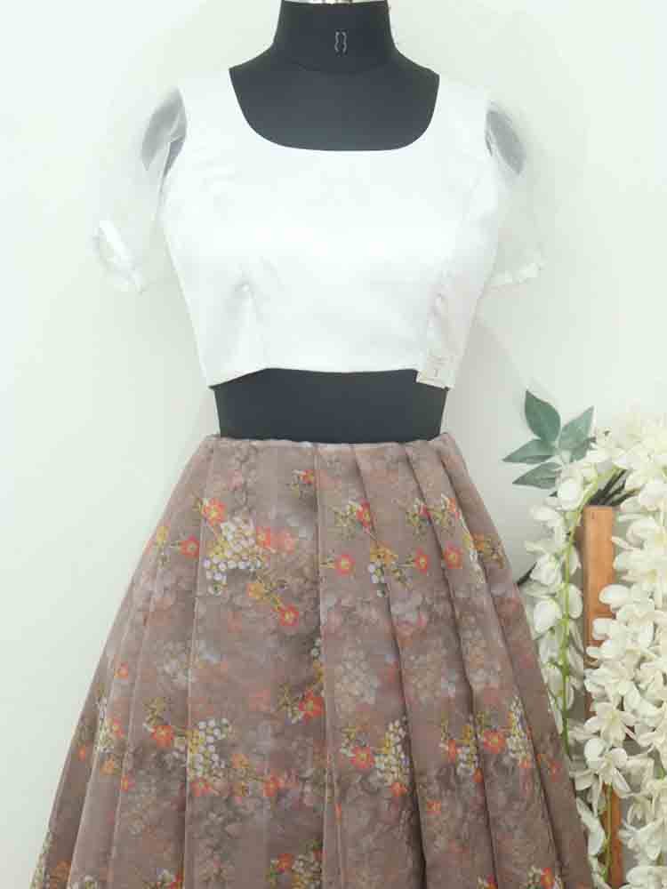 Brown Digital Printed Organza Unstitched Lehenga Fabric - Luxurion World