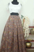 Brown Digital Printed Organza Unstitched Lehenga Fabric - Luxurion World