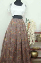 Brown Digital Printed Organza Unstitched Lehenga Fabric - Luxurion World