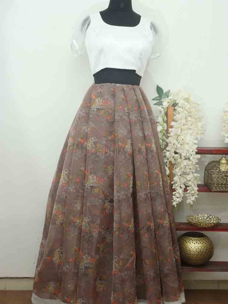 Brown Digital Printed Organza Unstitched Lehenga Fabric - Luxurion World