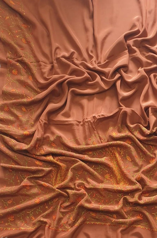 Brown Embroidered Kashmiri Sozni Work Crepe Flower Design Saree - Luxurion World