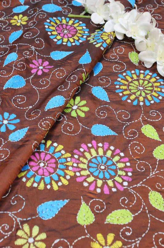 Brown Hand Embroidered Kantha Silk Fabric ( 1 Mtr )
