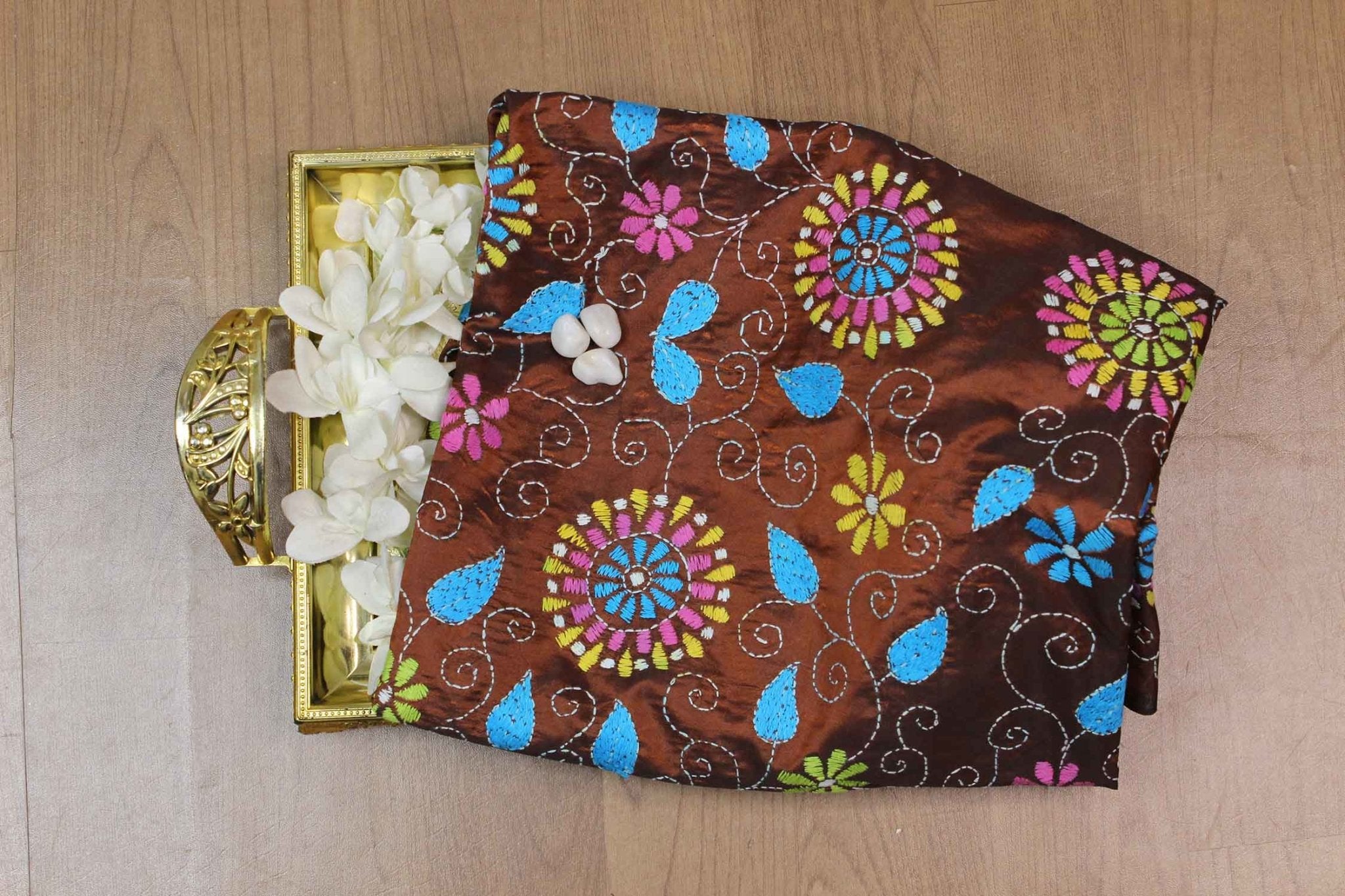 Brown Hand Embroidered Kantha Silk Fabric ( 1 Mtr ) - Luxurion World