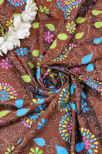 Brown Hand Embroidered Kantha Silk Fabric ( 1 Mtr ) - Luxurion World