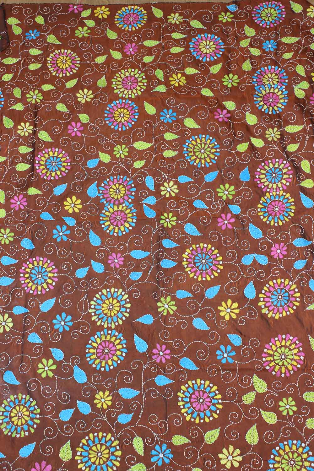 Brown Hand Embroidered Kantha Silk Fabric ( 1 Mtr ) - Luxurion World