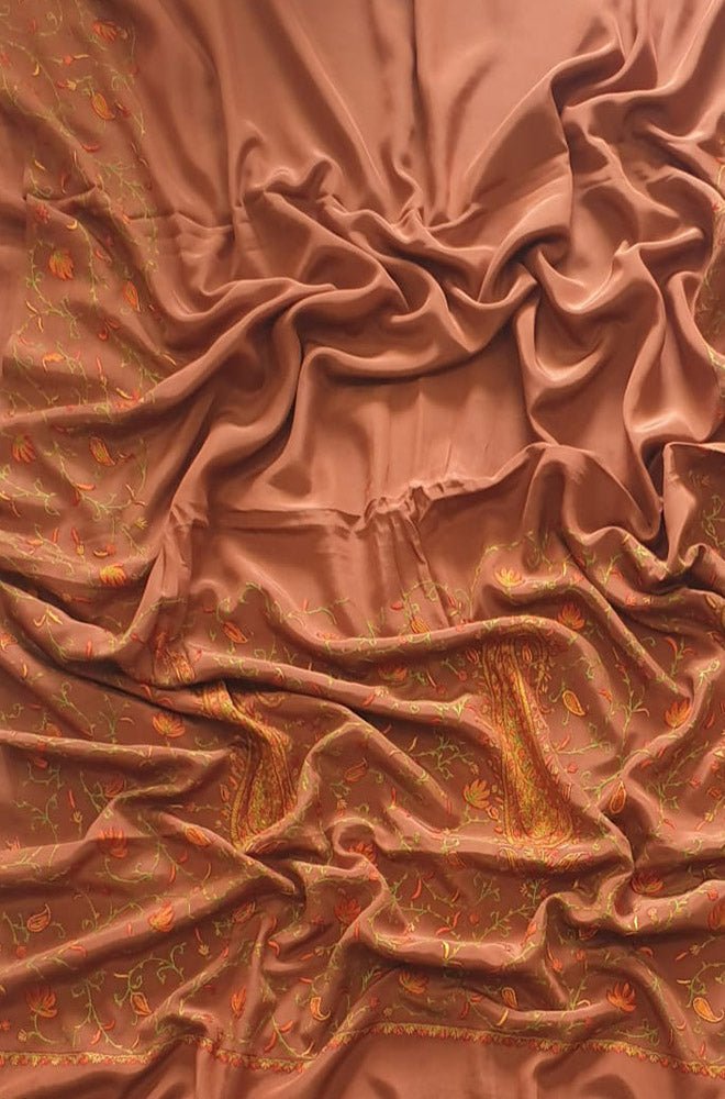 Brown Hand Embroidered Kashmiri Sozni Work Crepe Saree - Luxurion World