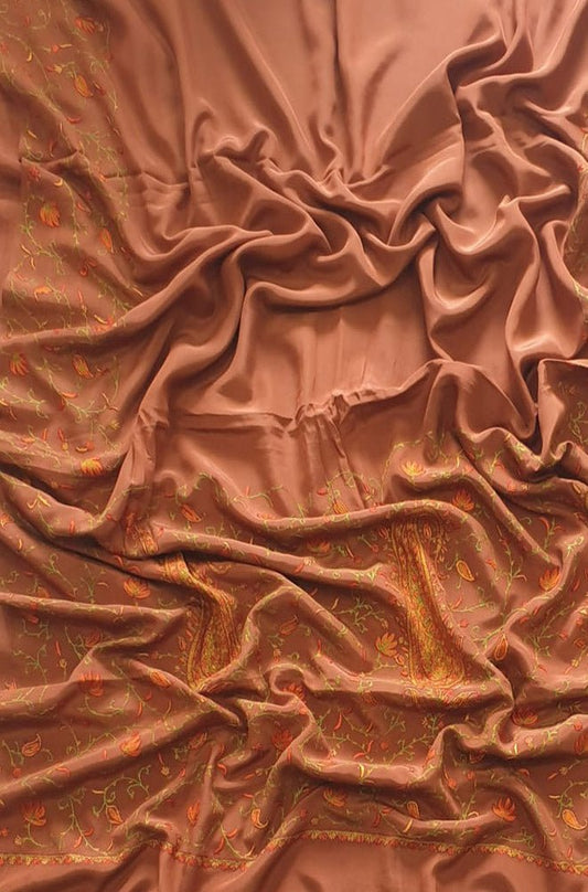 Brown Hand Embroidered Kashmiri Sozni Work Crepe Saree - Luxurion World