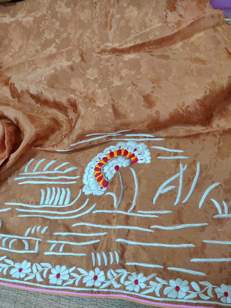 Brown Hand Embroidered Parsi Gara Crepe Flower Design Saree - Luxurion World