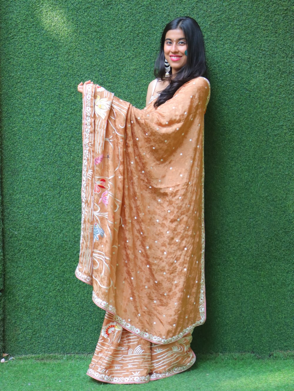 Brown Hand Embroidered Parsi Gara Crepe Flower Design Saree - Luxurion World