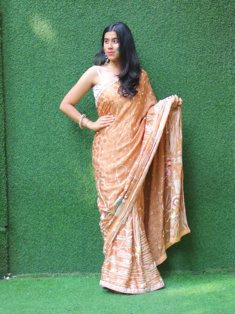 Brown Hand Embroidered Parsi Gara Crepe Flower Design Saree - Luxurion World