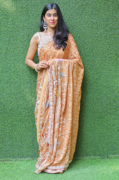 Brown Hand Embroidered Parsi Gara Crepe Flower Design Saree - Luxurion World