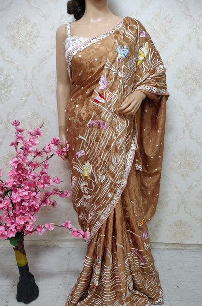 Brown Hand Embroidered Parsi Gara Crepe Flower Design Saree - Luxurion World