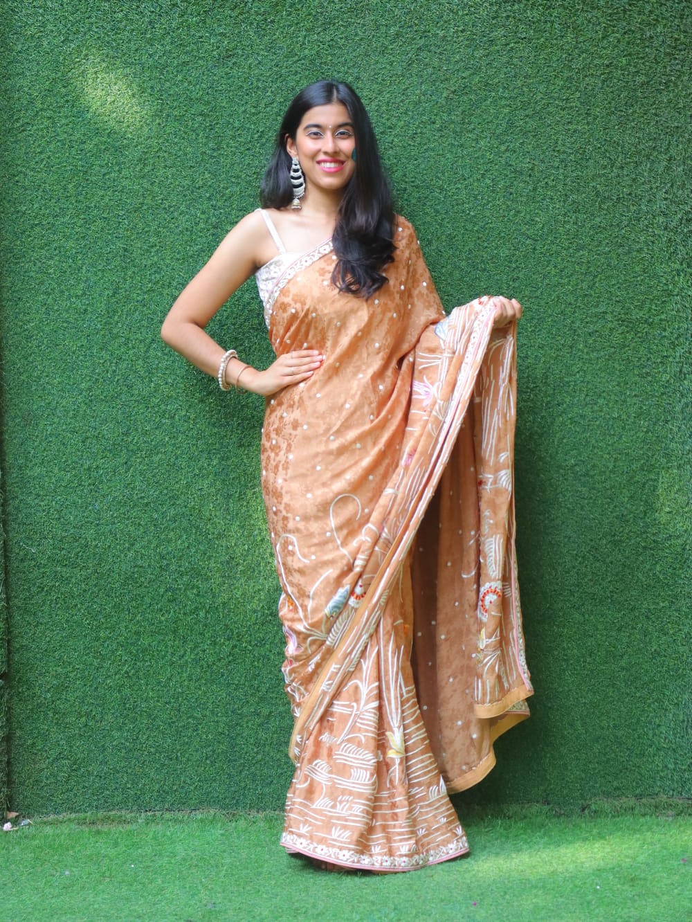 Brown Hand Embroidered Parsi Gara Crepe Flower Design Saree - Luxurion World