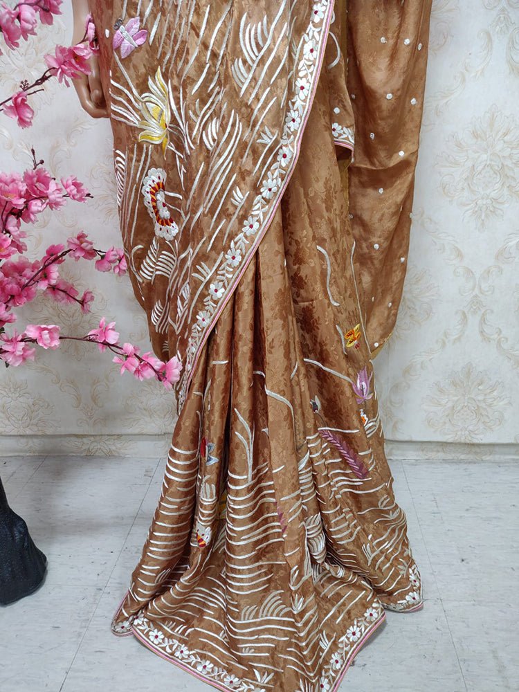 Brown Hand Embroidered Parsi Gara Crepe Flower Design Saree - Luxurion World