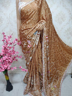 Brown Hand Embroidered Parsi Gara Crepe Flower Design Saree - Luxurion World