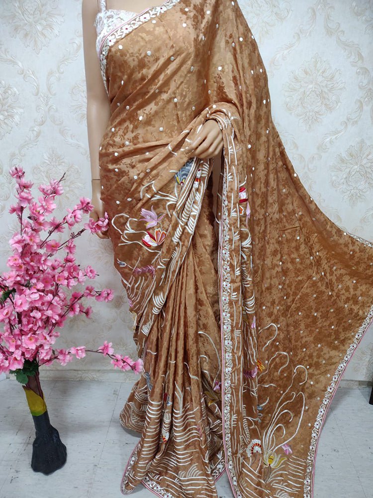 Brown Hand Embroidered Parsi Gara Crepe Flower Design Saree - Luxurion World
