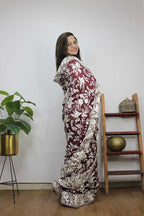 Brown Hand Embroidered Parsi Gara Pure Georgette Saree - Luxurion World