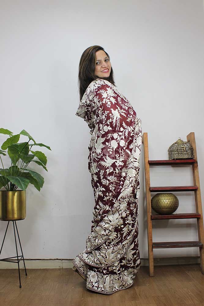 Brown Hand Embroidered Parsi Gara Pure Georgette Saree - Luxurion World
