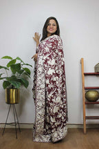 Brown Hand Embroidered Parsi Gara Pure Georgette Saree - Luxurion World