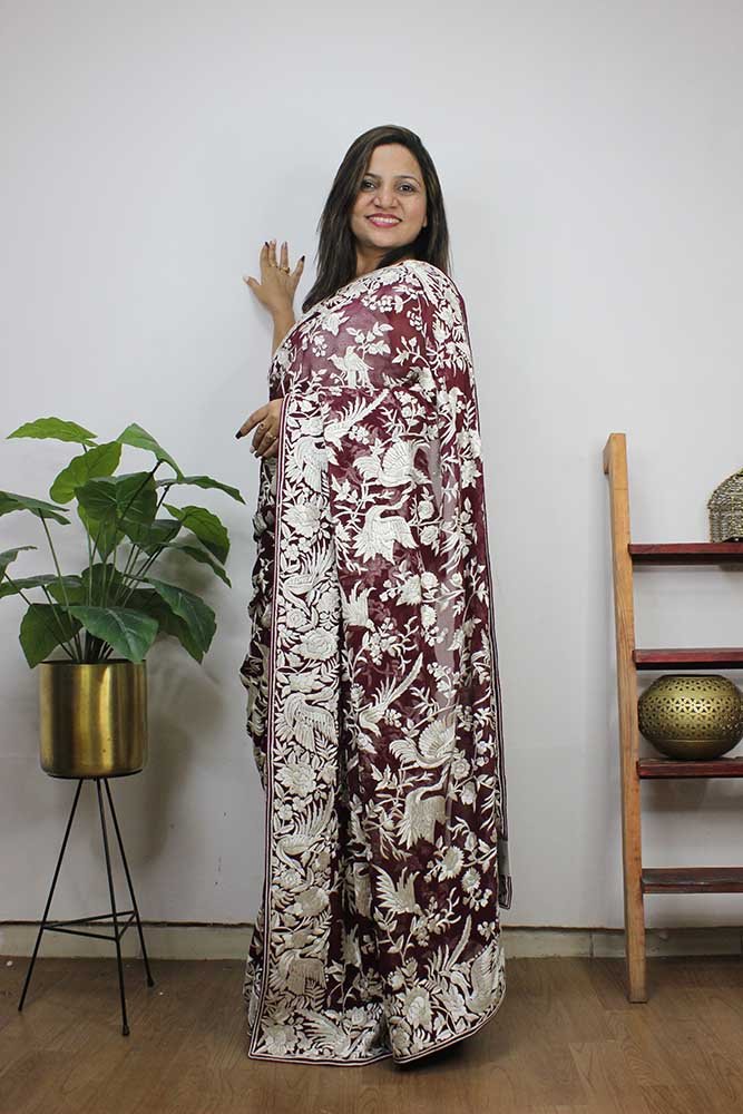 Brown Hand Embroidered Parsi Gara Pure Georgette Saree - Luxurion World