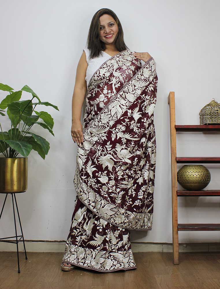 Brown Hand Embroidered Parsi Gara Pure Georgette Saree - Luxurion World