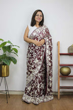 Brown Hand Embroidered Parsi Gara Pure Georgette Saree - Luxurion World