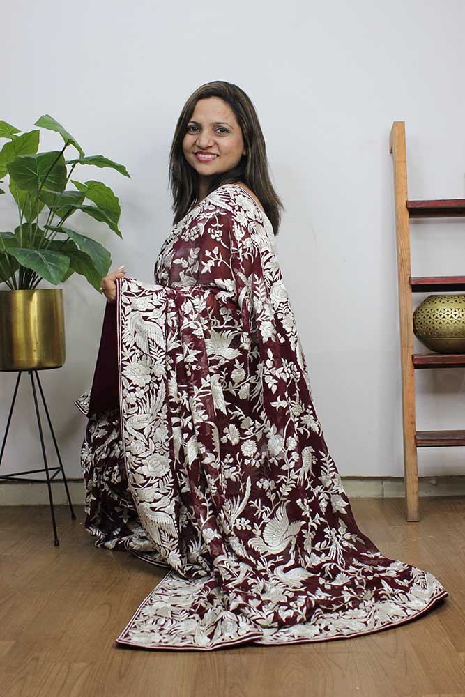 Brown Hand Embroidered Parsi Gara Pure Georgette Saree - Luxurion World