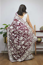 Brown Hand Embroidered Parsi Gara Pure Georgette Saree - Luxurion World