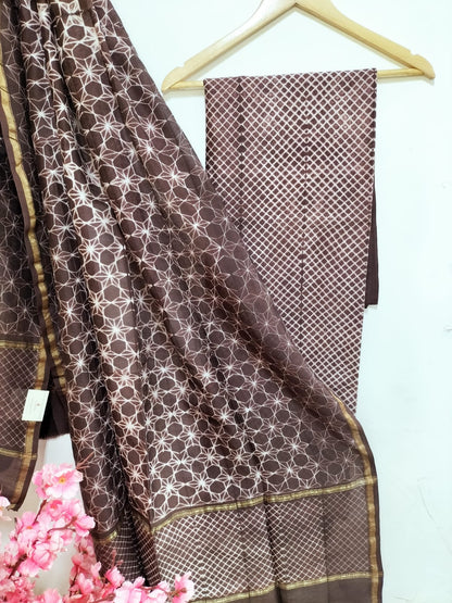 Brown Shibori Cotton Silk Two Piece Unstitched Suit Set