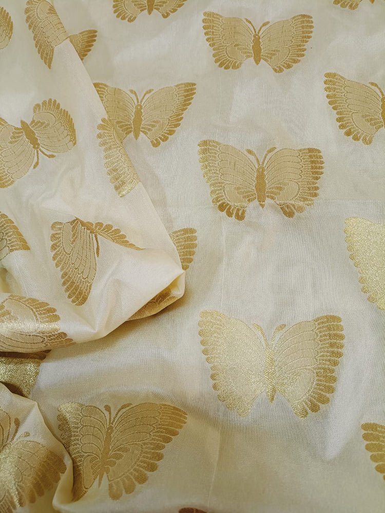 Cream Banarasi Silk Fabric (0.8 Mtr) - Luxurion World