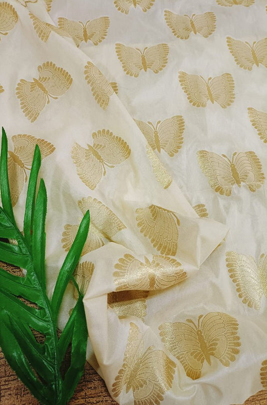 Cream Banarasi Silk Fabric (0.8 Mtr) - Luxurion World