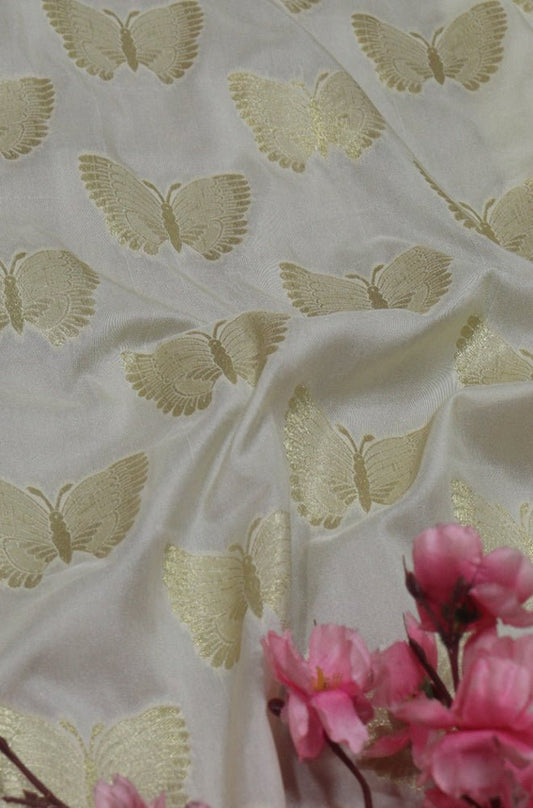 Cream Banarasi Silk Fabric (1 Mtr) - Luxurion World