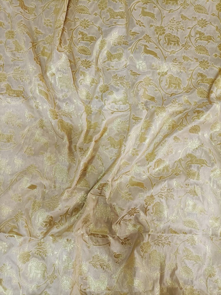 Cream Banarasi Silk Shikargha Design Fabric (1Mtr)