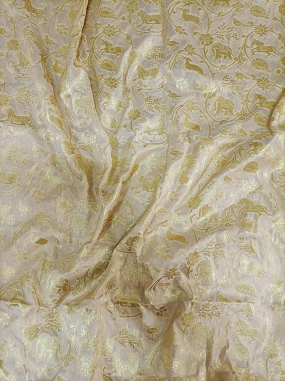 Cream Banarasi Silk Shikargha Design Fabric (1Mtr) - Luxurion World