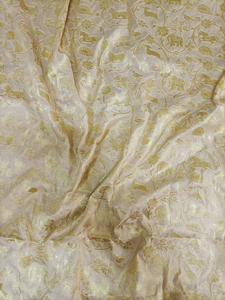 Cream Banarasi Silk Shikargha Design Fabric (1Mtr) - Luxurion World