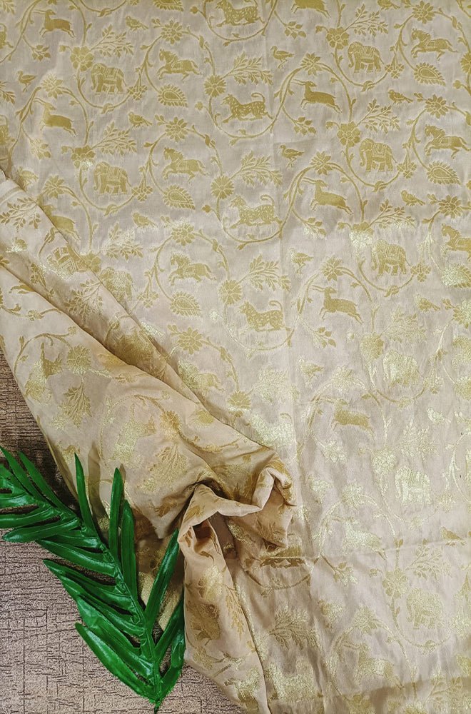 Cream Banarasi Silk Shikargha Design Fabric (1Mtr) - Luxurion World